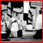 [Photo] Cardinal Joseph Mindszenty leaving the Bishop’s Palace for the Cathedral’s Rededication Service next door (to his left).